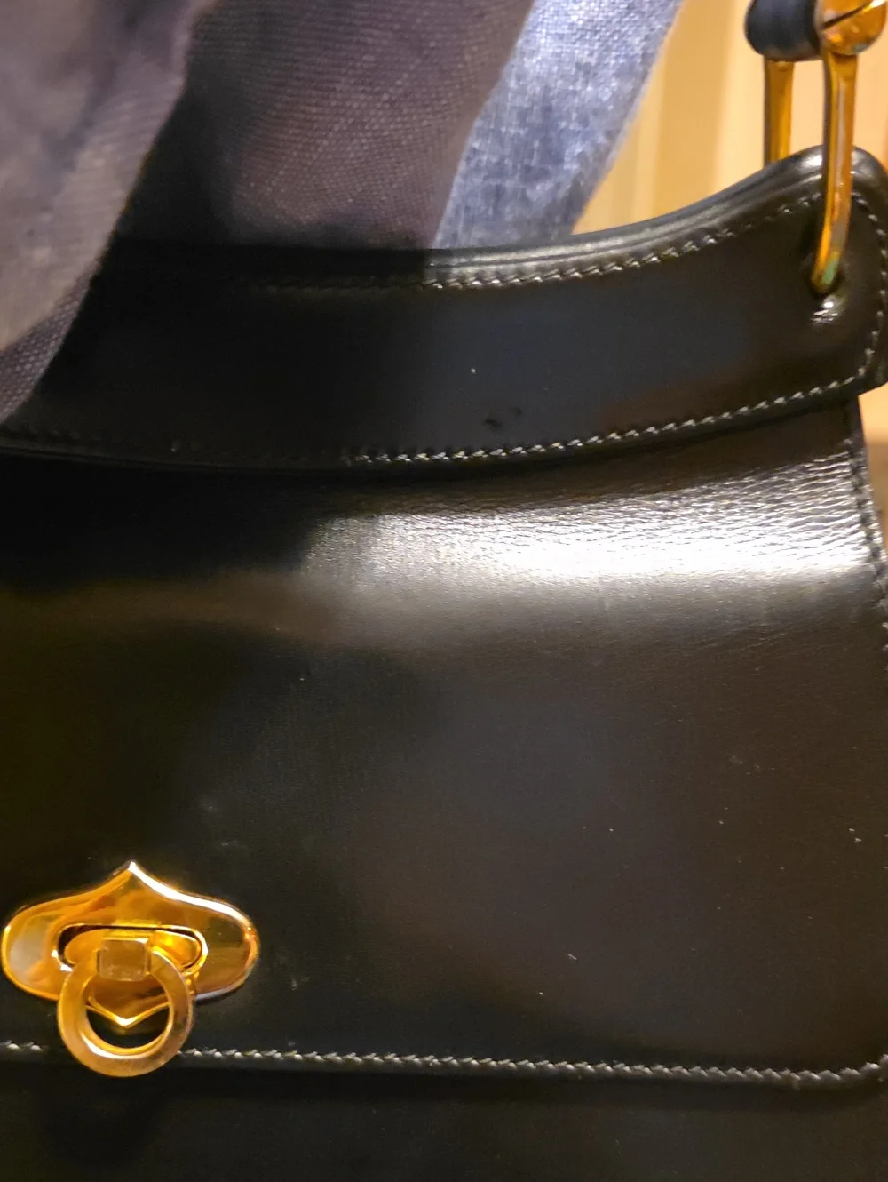 Vintage Black Leather Kelly Style Top Handle Bag Clasp Satchel